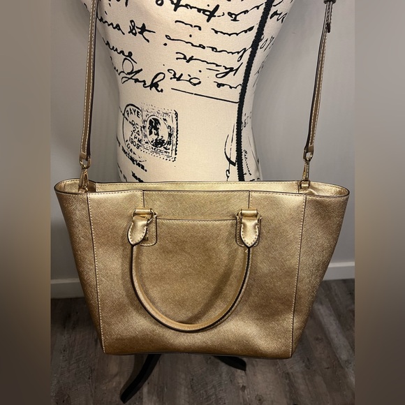 MICHAEL KORS Gold Saffiano Metal Studded Sandrine Large Tote Crossbody - Picture 4 of 10